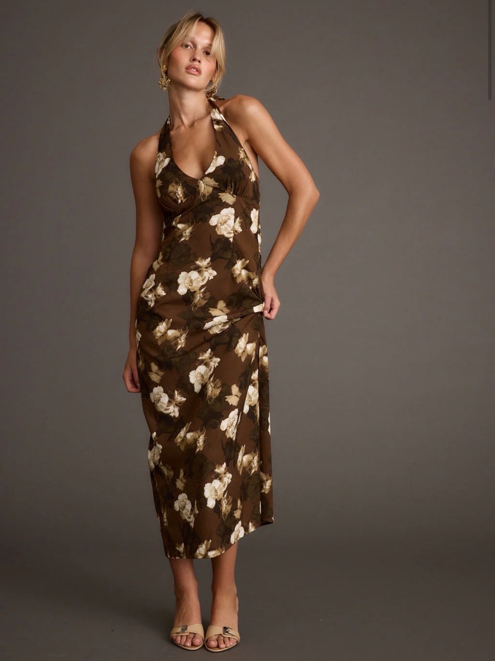 Brown Floral Halter Midi Dress